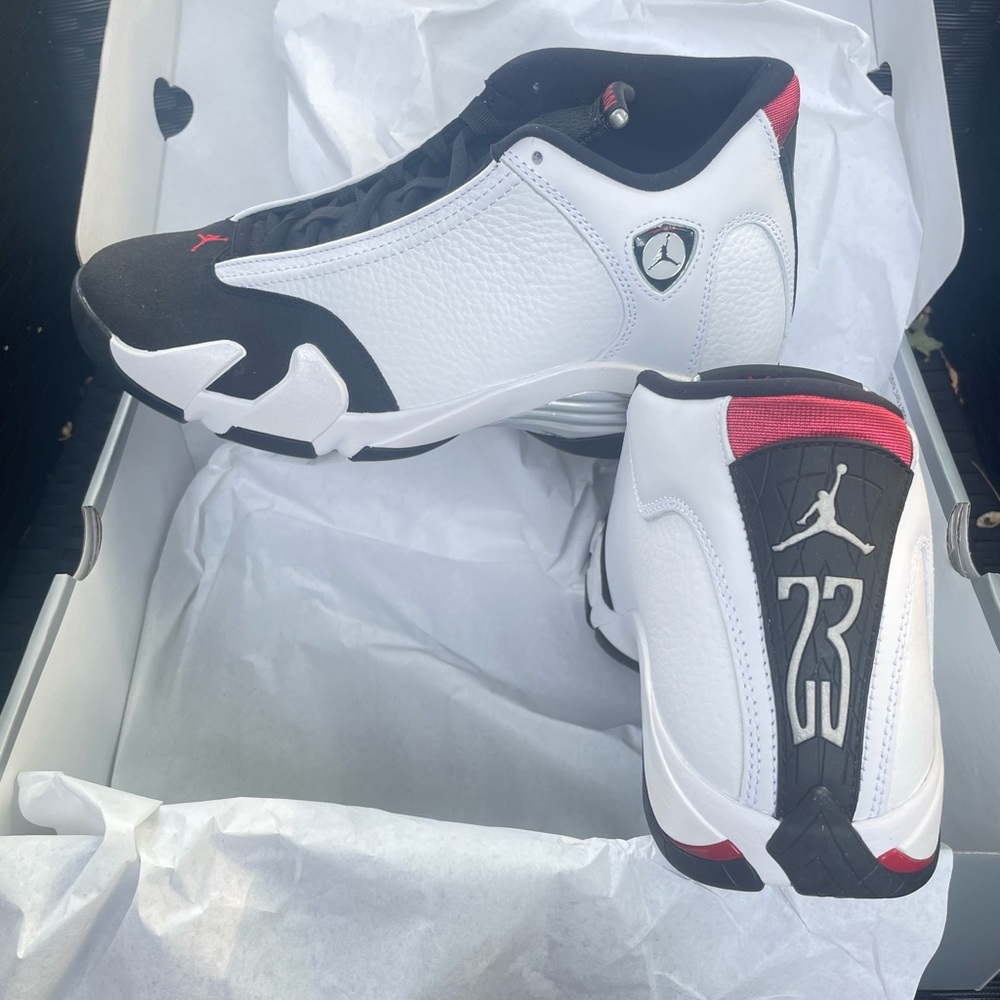 Air Jordan 14 Retro Men's White, Black, and Red Athletic Shoes. Size 9.5.